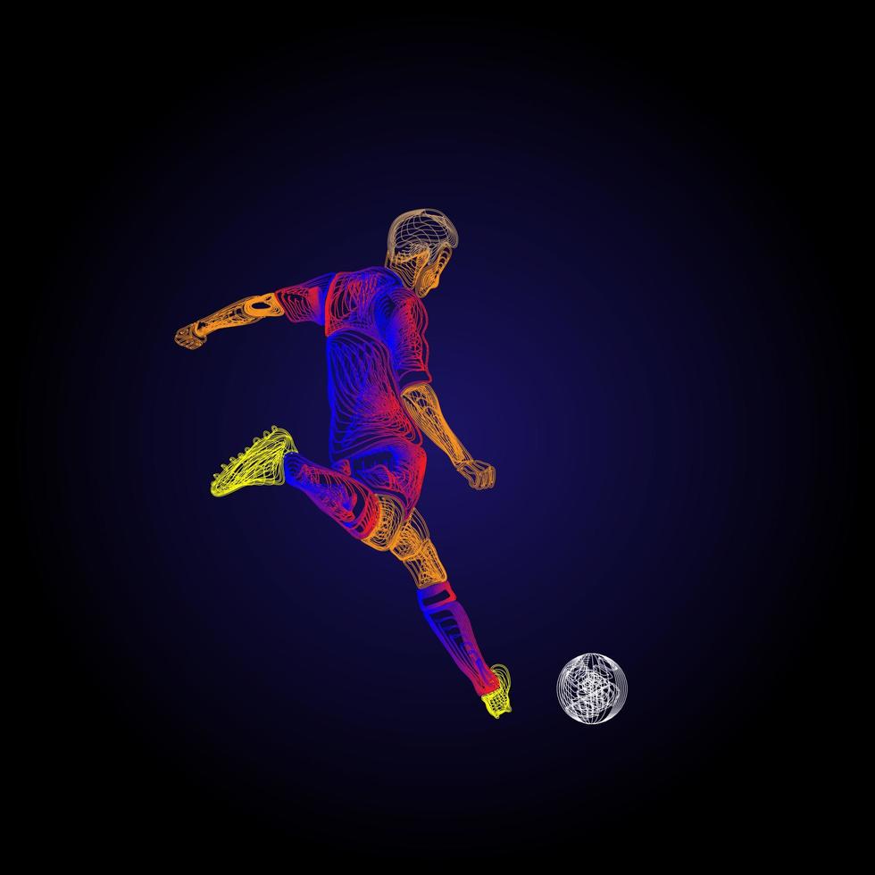 arte de linha de figura de jogador de futebol. ação humana em linhas de movimento. chutando bola. vetor