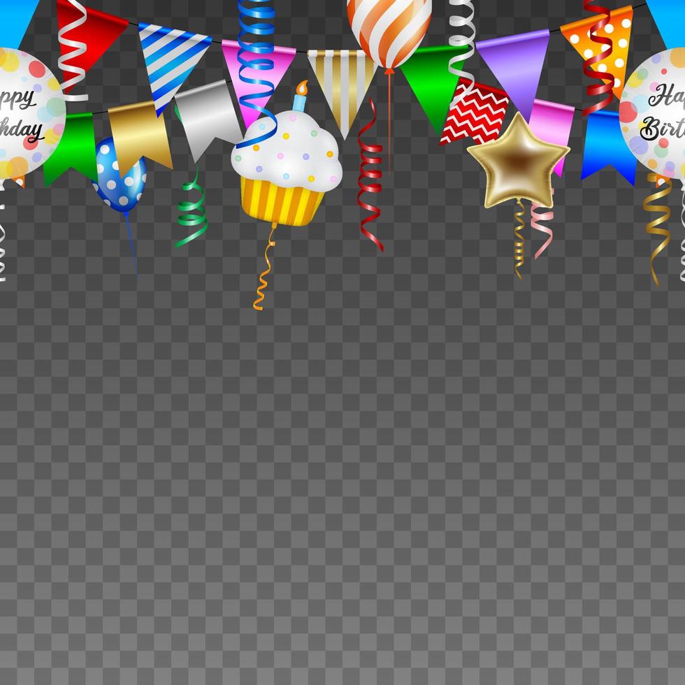 banner de festa de aniversário sem costura com balões, serpentinas e flâmulas vetor