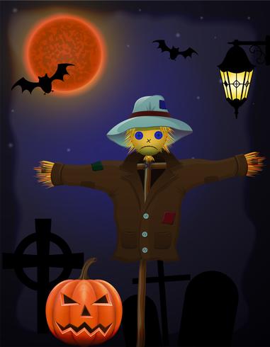 abóbora de halloween e espantalho no céu noturno vetor