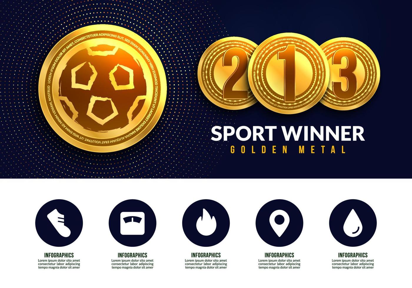 medalha de ouro do footballl para o vencedor com ícones infográficos, medalhas vencedoras do esporte para o primeiro segundo e terceiro lugar banner vetor