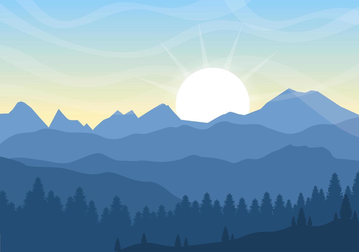 paisagem do nascer do sol das montanhas da cena da manhã, colina, lago e vale na natureza plana para ilustração de cartaz, banner ou fundo vetor