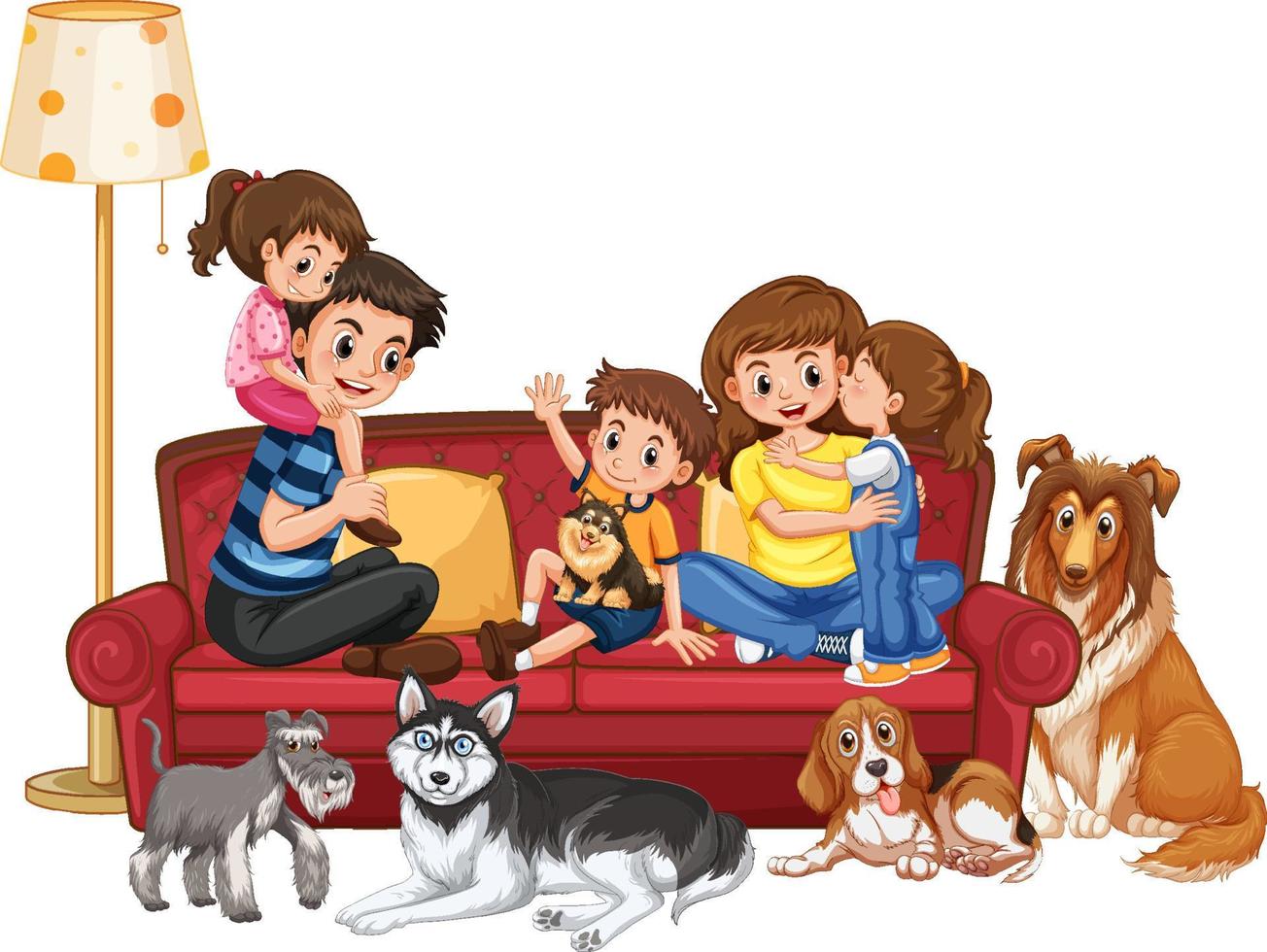 família feliz com seus cães em desenho animado vetor