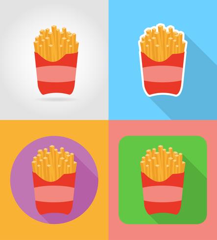 batatas fritas fast-food ícones planas com a ilustração do vetor de sombra