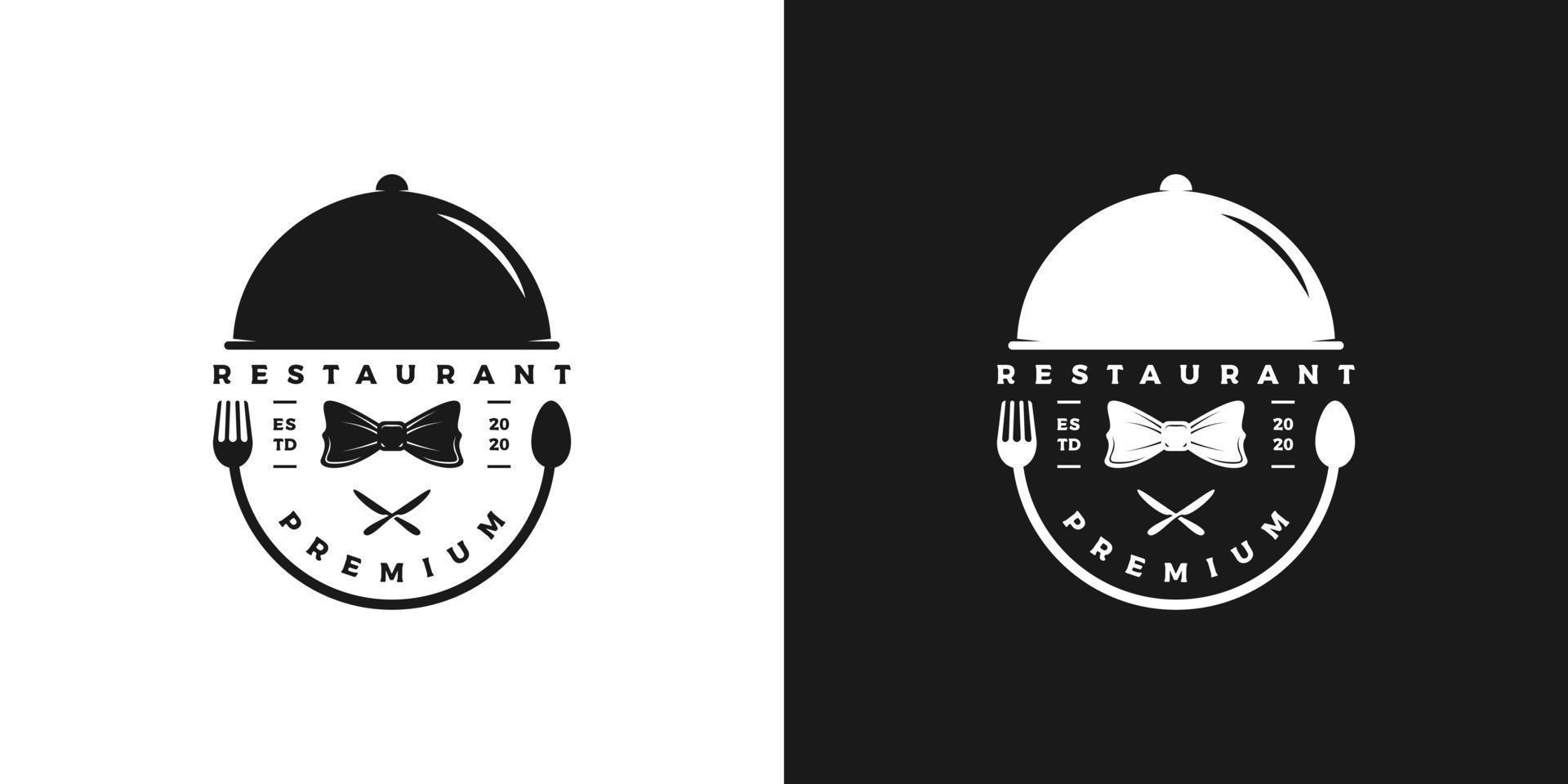 elegante, luxo, vetor de design de logotipo de restaurante de silhueta vintage com gravata borboleta, colher, faca de mesa e, cobertura de comida
