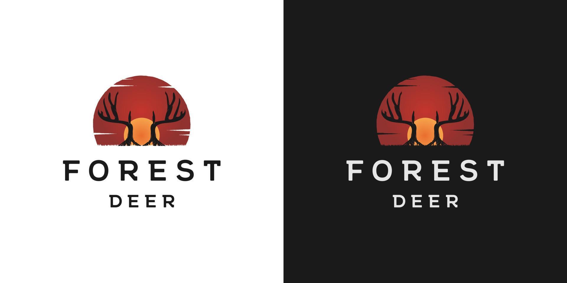 chifres de veado formando árvore com pôr do sol em estilo vintage. vetor de design de logotipo de floresta de veado