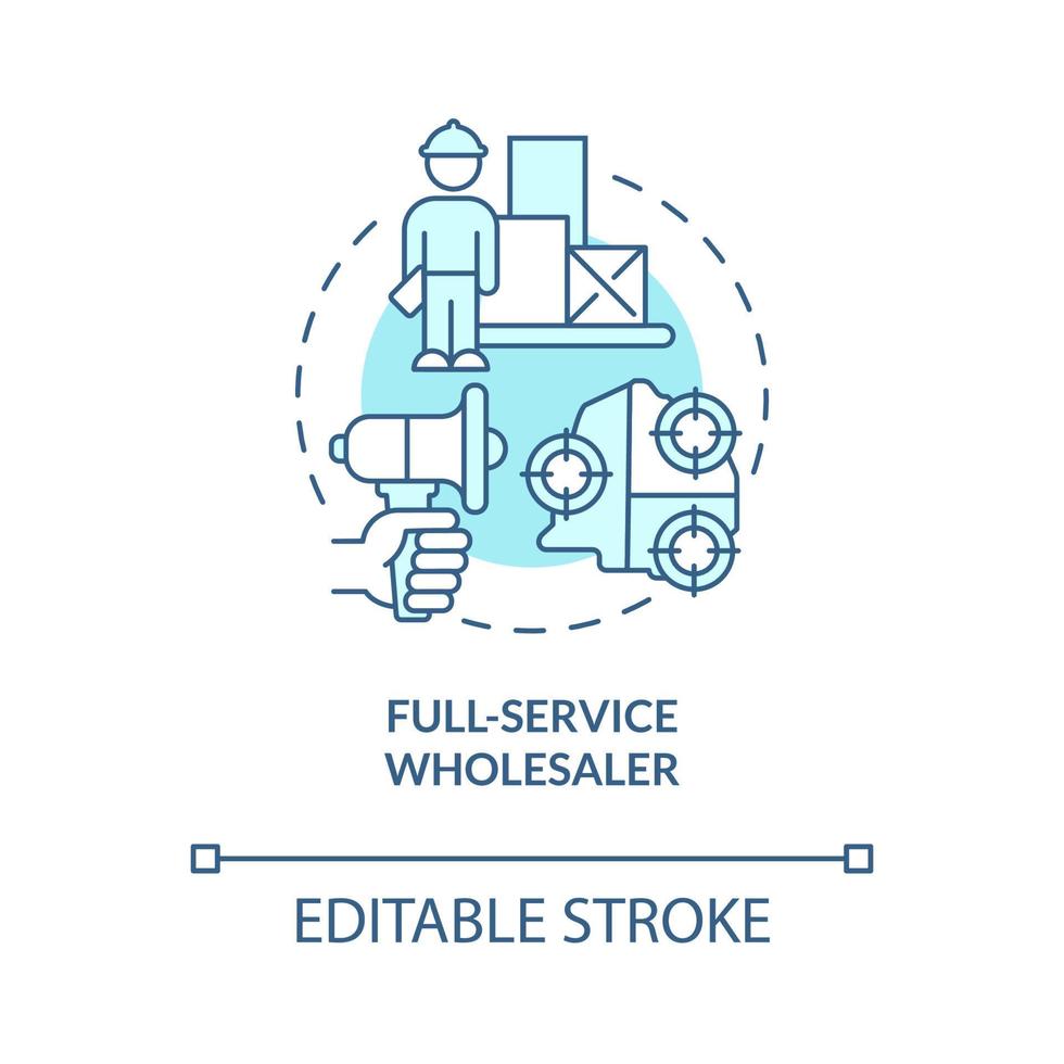 ícone de conceito azul turquesa de atacadista de serviço completo. Atendimento ao Cliente. ilustração de linha fina de idéia abstrata de empresa de distribuição e logística. desenho de cor de contorno isolado de vetor. traço editável vetor