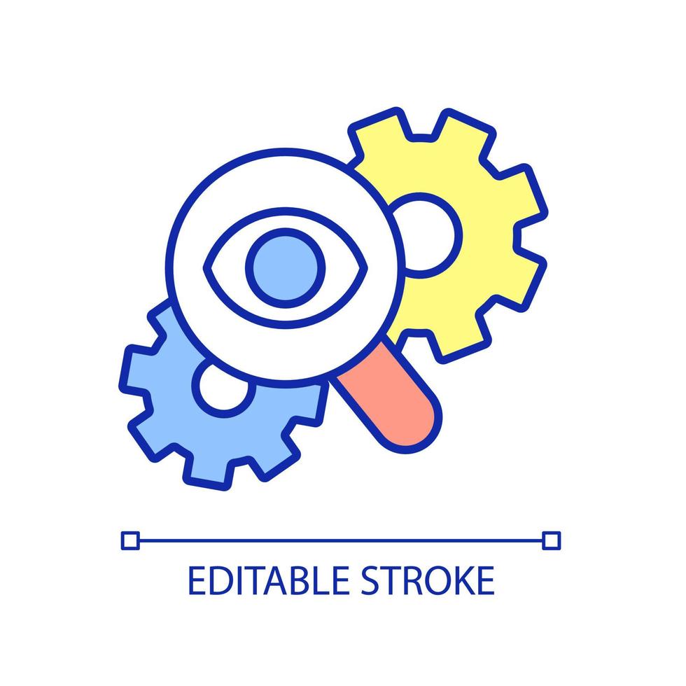 monitorando o ícone de cor rgb do processo operacional. otimização do fluxo de trabalho de produção. verificando o desenvolvimento. Manutenção de sistema. ilustração vetorial isolado. desenho de linha preenchido simples. traço editável vetor