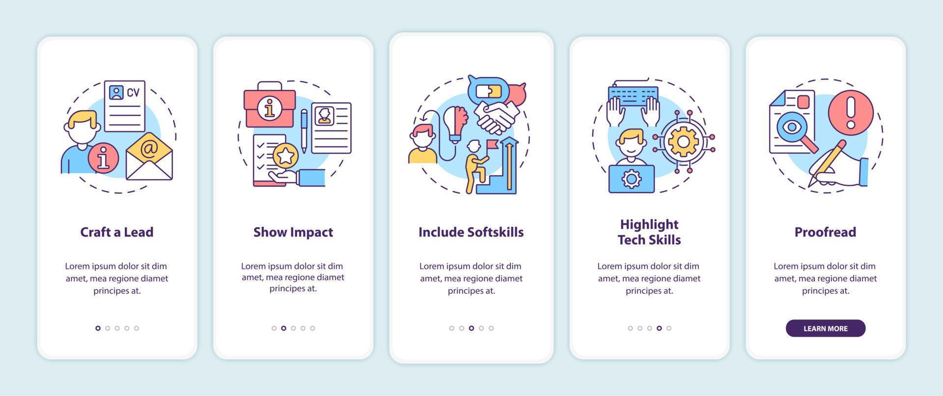 escrevendo a tela da página do aplicativo móvel de integração do cv. passo a passo de caça de trabalho 5 passos instruções gráficas com conceitos. curriculum vitae. modelo de vetor ui, ux, gui com ilustrações coloridas lineares