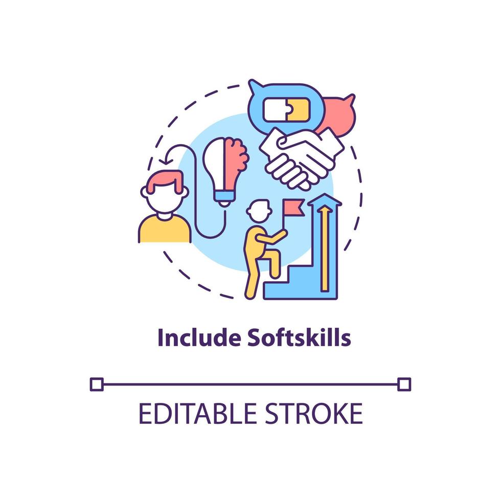 inclua o ícone do conceito de softskills. escrevendo cv idéia abstrata ilustração de linha fina. destacar habilidades de comunicação no currículo. capacidade de trabalho em equipe. desenho de cor de contorno isolado de vetor. traço editável vetor