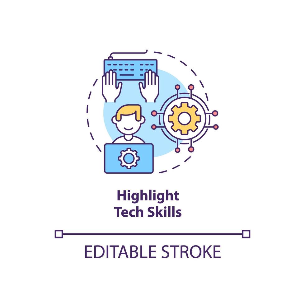 destaque o ícone do conceito de habilidades tecnológicas. escrevendo cv idéia abstrata ilustração de linha fina. conhecimento técnico e experiência. proficiência em software. desenho de cor de contorno isolado de vetor. traço editável vetor