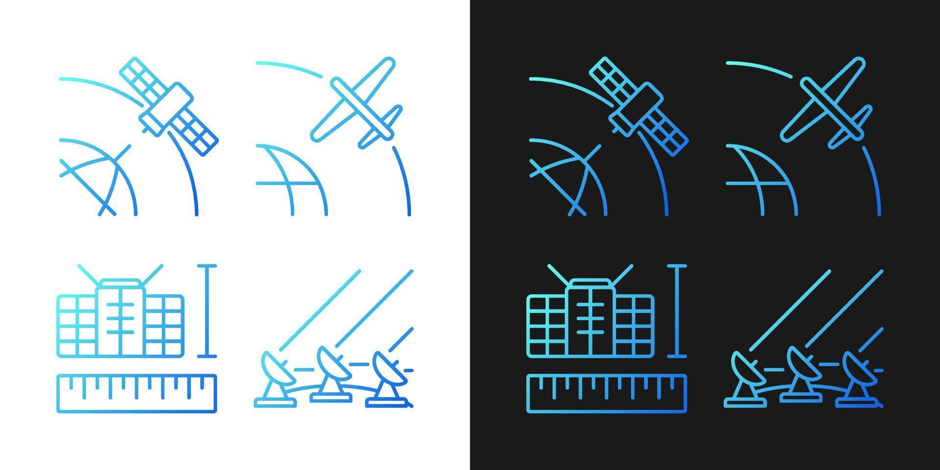 ícones de gradiente de tecnologias de satélite definidos para o modo escuro e claro. pacote de símbolos de contorno de linha fina. coleção de ilustrações de contorno vetorial isolado em preto e branco vetor