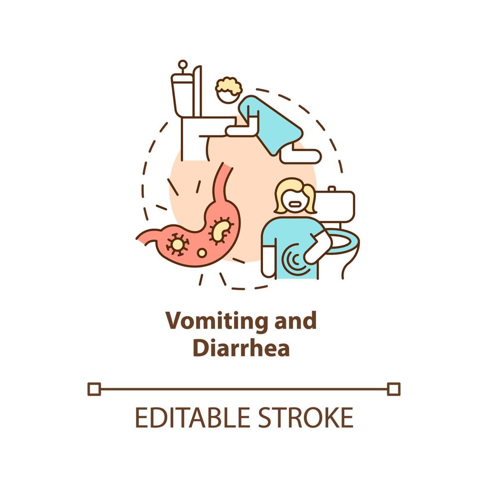 ícone de conceito de vômito e diarréia. perda de água e minerais. gripe estomacal. desidratação causa idéia abstrata ilustração de linha fina. desenho de cor de contorno isolado de vetor. traço editável vetor