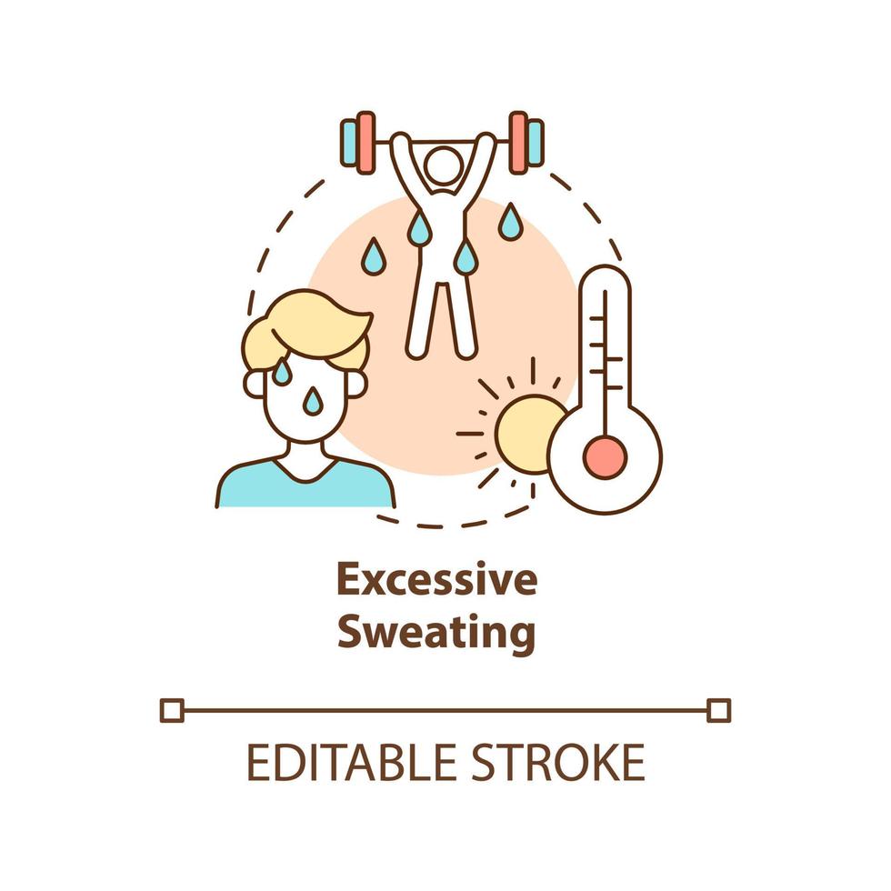 ícone de conceito de transpiração excessiva. o clima quente leva à transpiração e insolação. exercício. ilustração de linha fina de idéia abstrata de desidratação. desenho de cor de contorno isolado de vetor. traço editável vetor