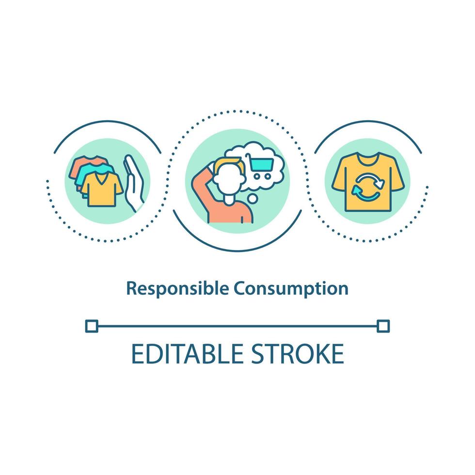 ícone do conceito de consumo responsável. consumo e produção sustentáveis. pare de comprar demais a ilustração de linha fina de ideia abstrata. desenho de cor de contorno isolado de vetor. traço editável vetor