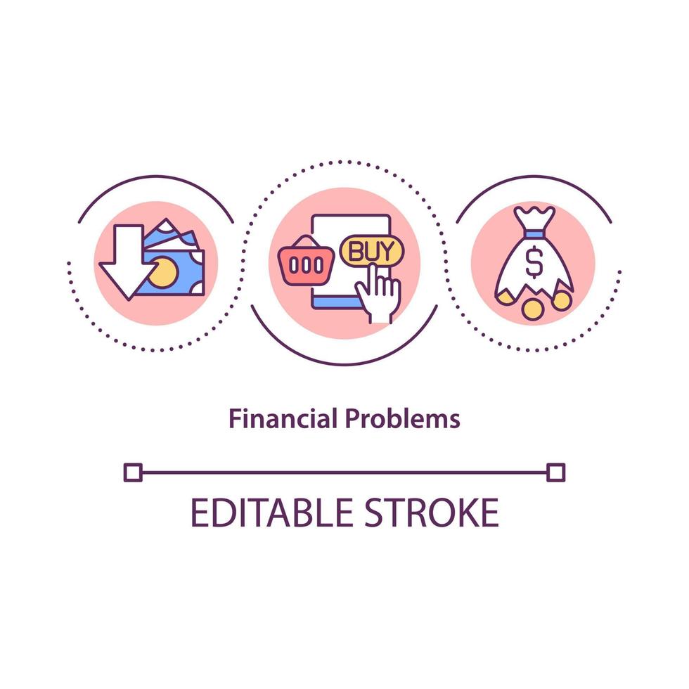 ícone do conceito de problemas financeiros. compra excessiva leva a dívidas. vício em compras. gastando demais a ilustração de linha fina idéia abstrata. desenho de cor de contorno isolado de vetor. traço editável vetor