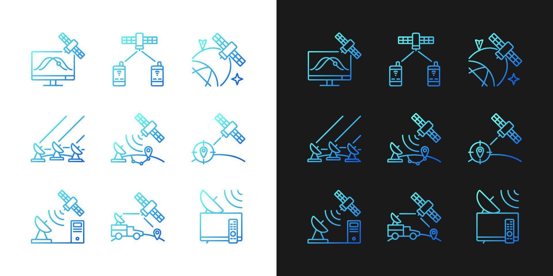 ícones de gradiente de satélites artificiais definidos para o modo escuro e claro. pacote de símbolos de contorno de linha fina. coleção de ilustrações de contorno vetorial isolado em preto e branco vetor