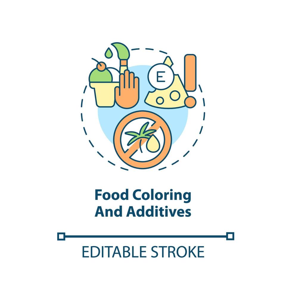 ícone do conceito de corantes e aditivos alimentares. TDAH dieta idéia abstrata ilustração de linha fina. aumentando o risco de comportamento hiperativo. bebidas com corantes. desenho de cor de contorno isolado de vetor. traço editável vetor