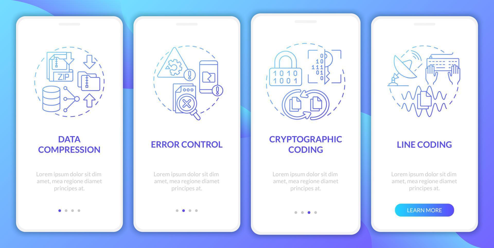 tipos de tela de aplicativo móvel de integração de gradiente azul de codificação. passo a passo do sistema 5 passos páginas de instruções gráficas com conceitos lineares. ui, ux, modelo de gui. inúmeras fontes pró-negrito e regulares usadas vetor