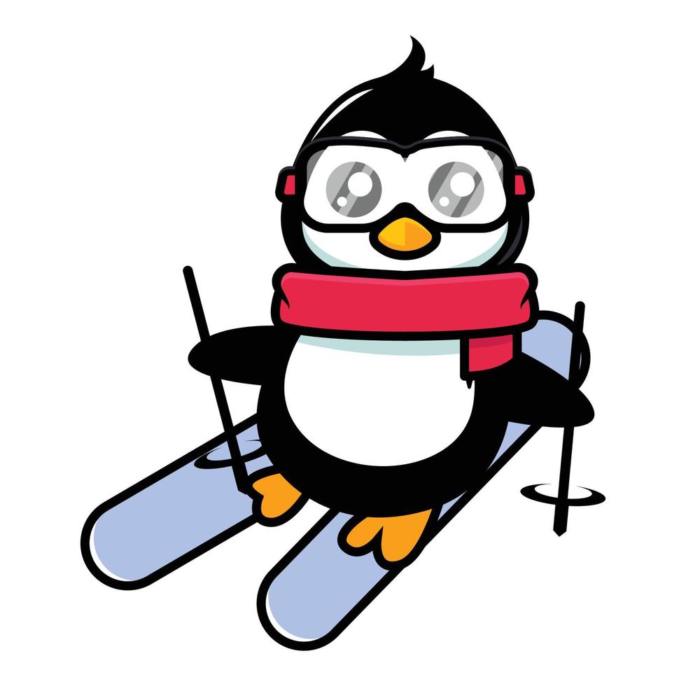 design de mascote de esqui pinguim fofo vetor