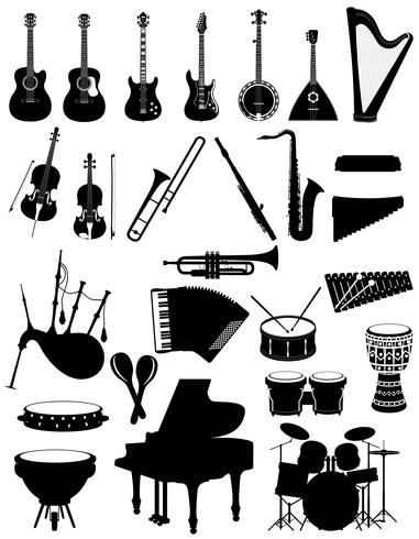 instrumentos musicais definir ícones silhueta preta contorno ilustração vetorial de estoque vetor