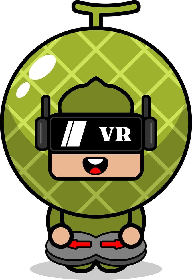 personagem de desenho animado vetor fantasia de mascote de fruta melão jogando jogo de realidade virtual