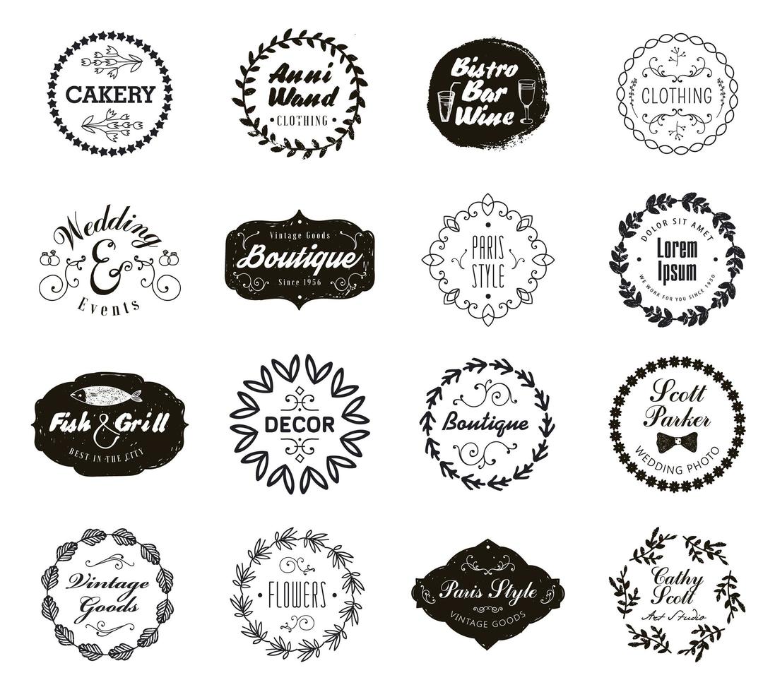 conjunto de vetores de vários emblemas de pequenas empresas com louros florais. ícones vintage, logotipos para loja, produto, salão, café, etc.