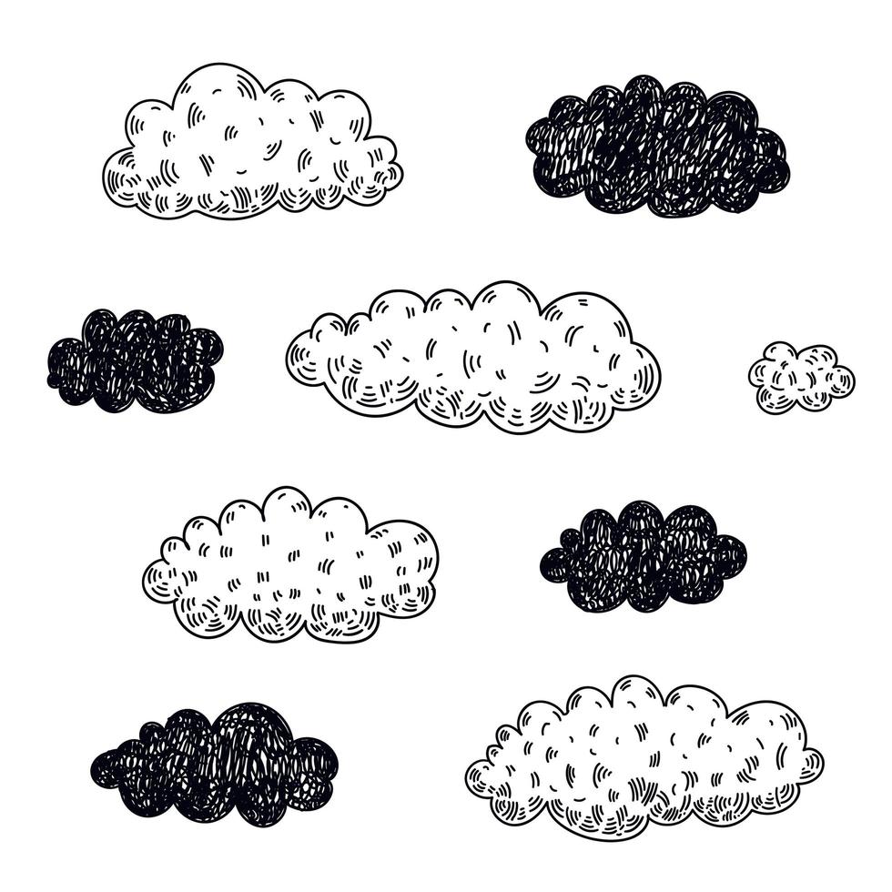 conjunto vetorial de nuvens desenhadas à mão. vetor