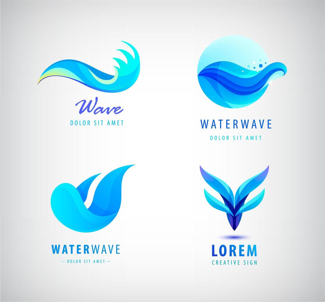 conjunto de logotipos azuis ondulados vetoriais, ícones de gradiente 3d de onda de água. oceano, conceito de mar. vetor