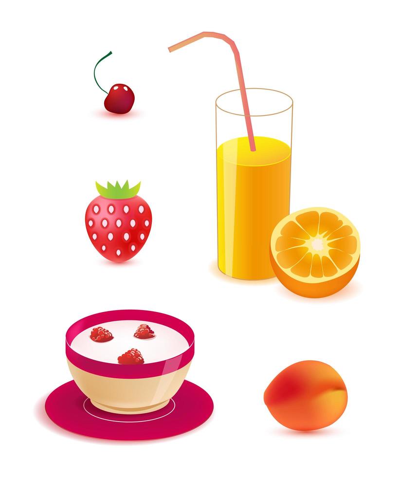 conjunto de vetores de alimentos saudáveis, ilustrações de café da manhã. suco de laranja, iogurte com frutas, pêssego, cereja, morango.