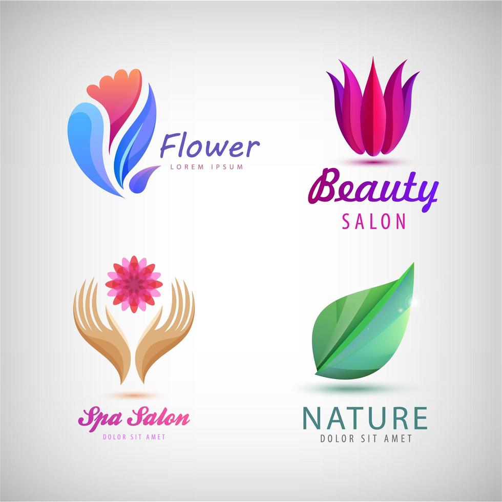 conjunto vetorial de flor abstrata, spa, cuidados de saúde, bem-estar, design de logotipos de resort. mãos segurando flores, lótus, símbolos criativos de folhas. ícones universais. modelo de logotipo para premium vetor