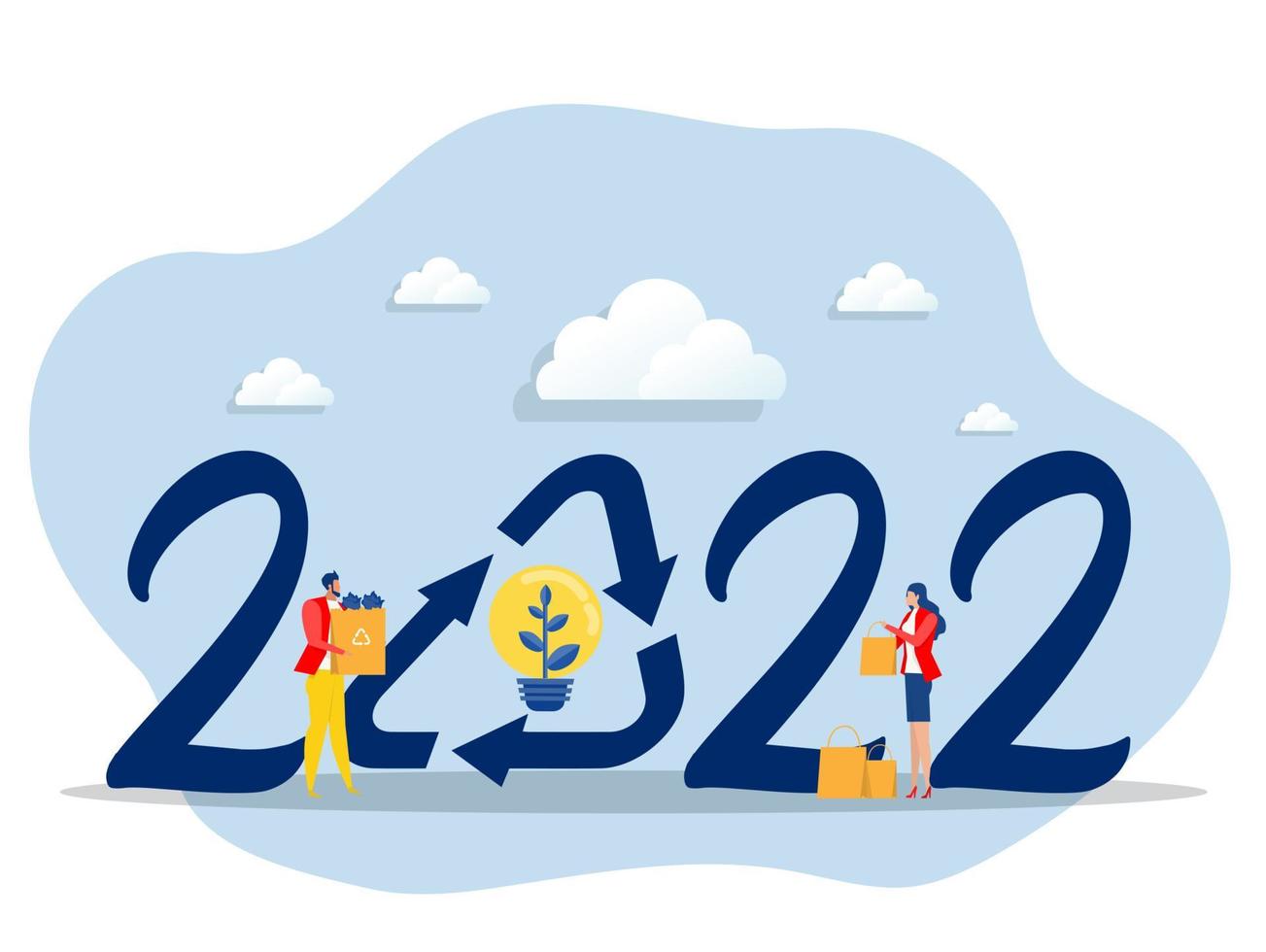 2022 ano novo e reciclagem, reduzindo a poluição e os resíduos, salvando a ilustração em vetor plana do conceito de terra.