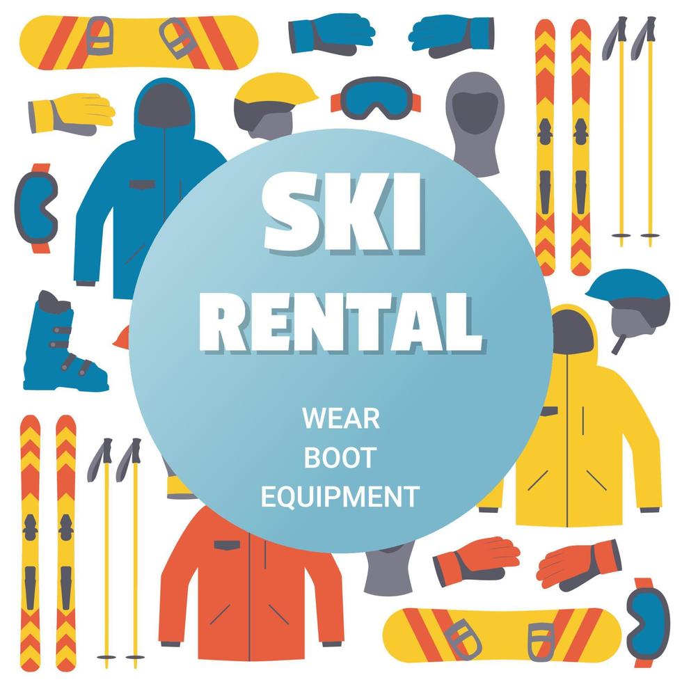 modelo de aluguel de esqui. equipamento de esqui e snowboard. esporte de inverno vetor