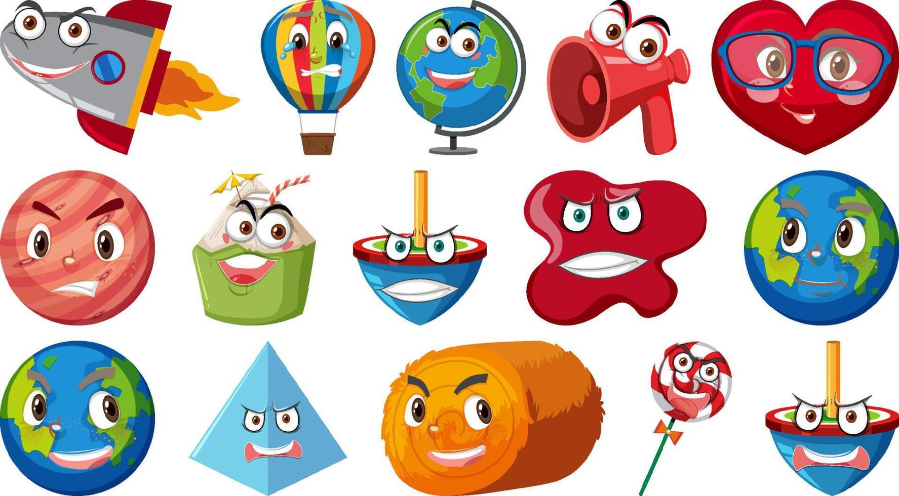 conjunto de diferentes objetos de brinquedo com rostos vetor