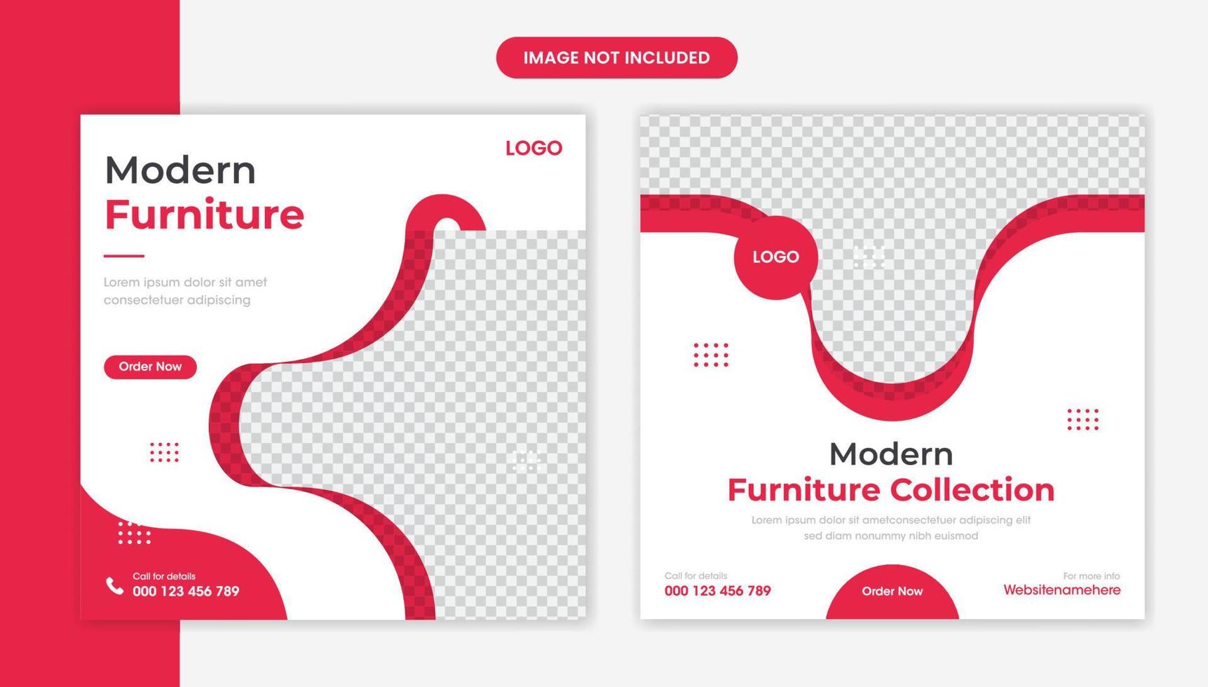 design de postagem de mídia social de móveis modernos, conjunto de banner de layout de design de interiores vermelho vetor