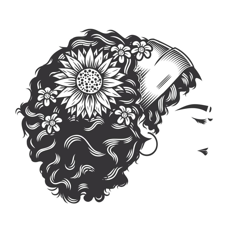 mulher rosto afro coque bagunçado vintage com ilustração de arte de linha de vetor de penteados de flores.