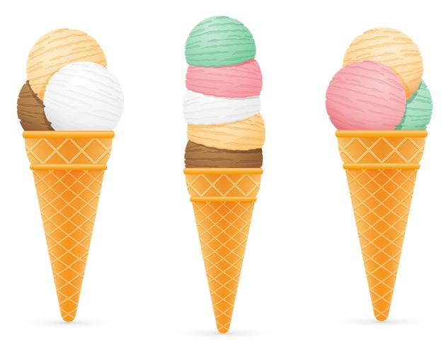 bolas de sorvete em uma ilustração do vetor de cone waffle