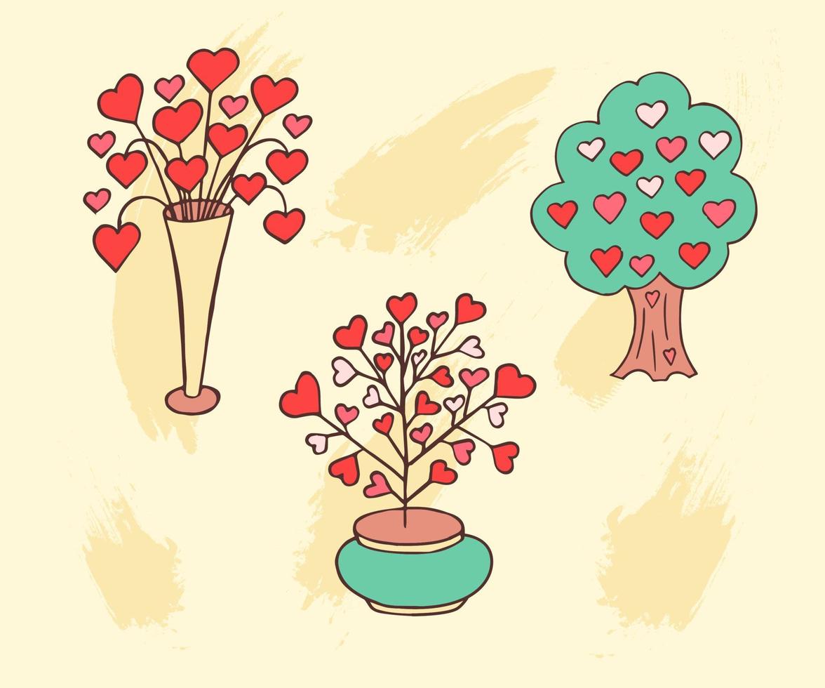 amo elementos de rabiscos. bonito conjunto de ícones desenhados à mão com uma árvore com corações, um vaso com flores em forma de coração. design para impressões, cartões e página para colorir. cartaz de tema de dia dos namorados. vetor
