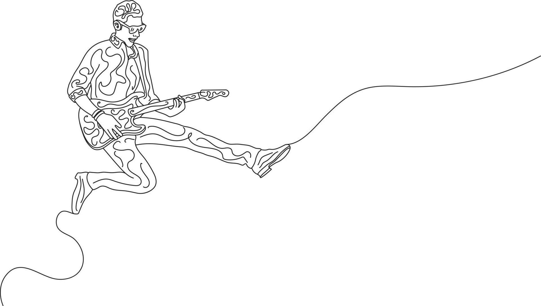 imagem de arte doodle de arte de linha única do jovem guitarrista enérgico pulando no palco e tocando guitarra. ilustração em vetor de um projeto de desenho de linha contínua. ilustração em vetor de design de arte doodle.