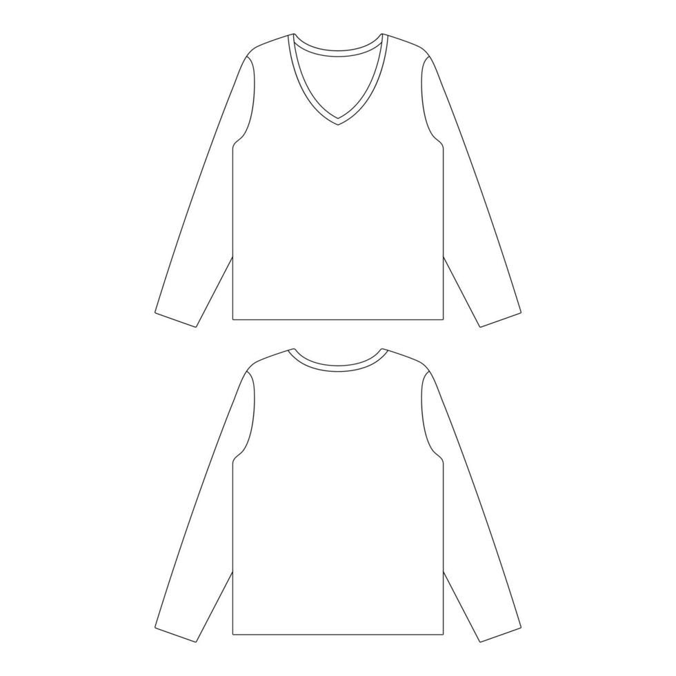 modelo de manga longa manga comprida com decote em v t-shirt mulheres ilustração vetorial esboço plano esboço de design vetor