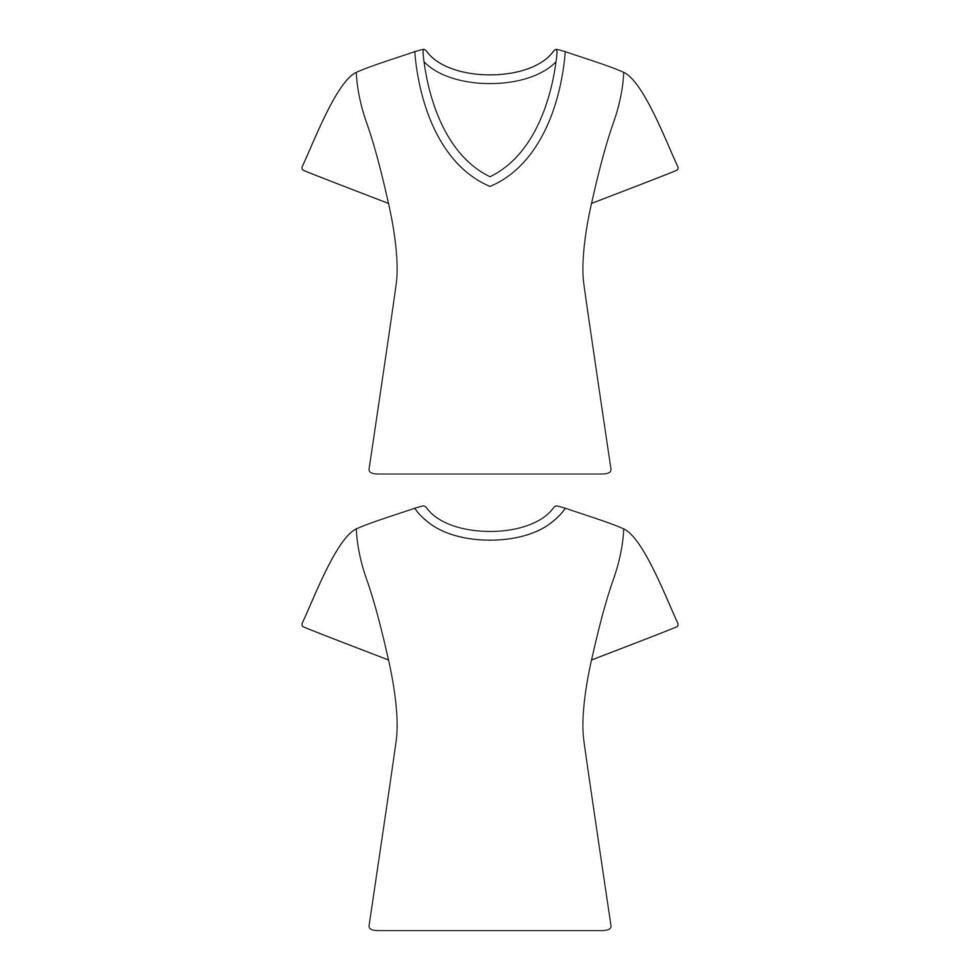 modelo slim fit t-shirt com decote em v mulheres ilustração vetorial contorno de design de esboço plano vetor