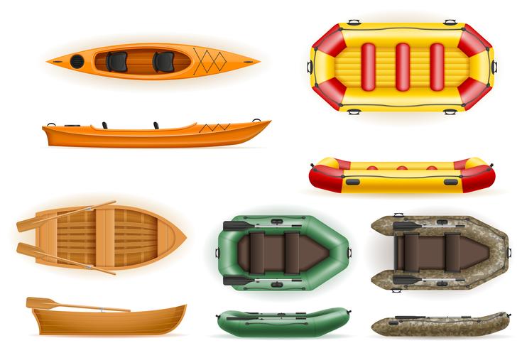 conjunto de barcos a remos feitos de plástico de madeira e ilustração vetorial inflável vetor