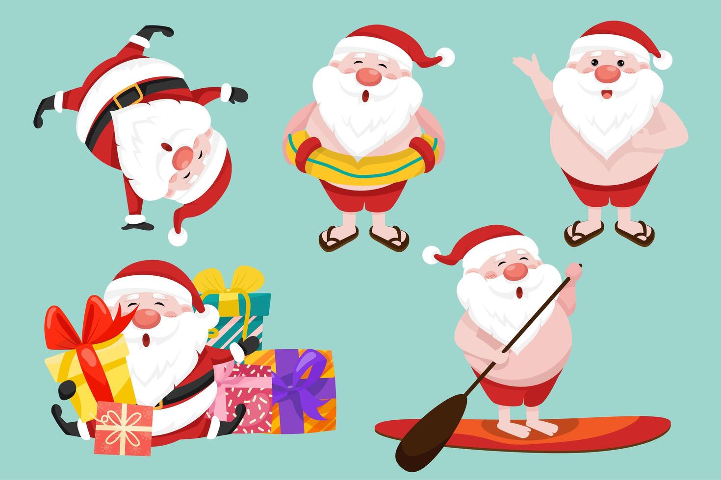 personagens de papai noel em várias poses e cenas. elemento de recorte de feliz natal vetor