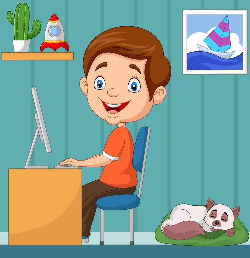 garotinho trabalhando no computador pessoal em casa vetor