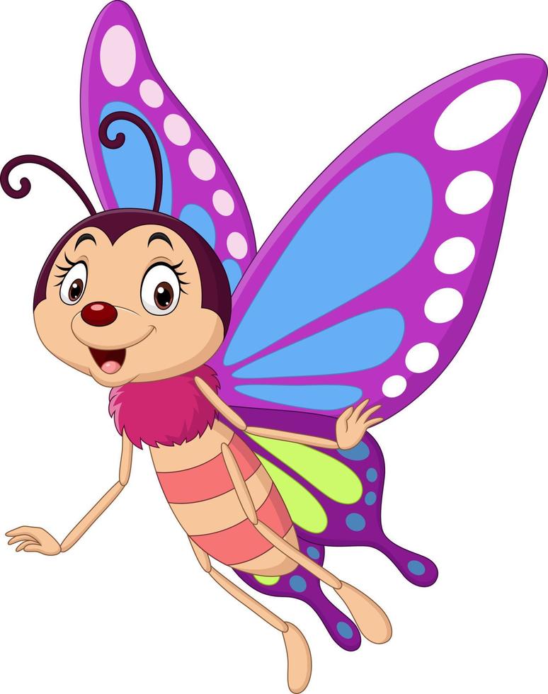 borboleta engraçada dos desenhos animados voando no fundo branco vetor
