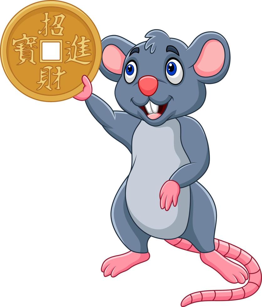 rato de desenho animado engraçado como símbolo do ano novo 2020 segurando moeda de ouro. tradução chinesa vetor