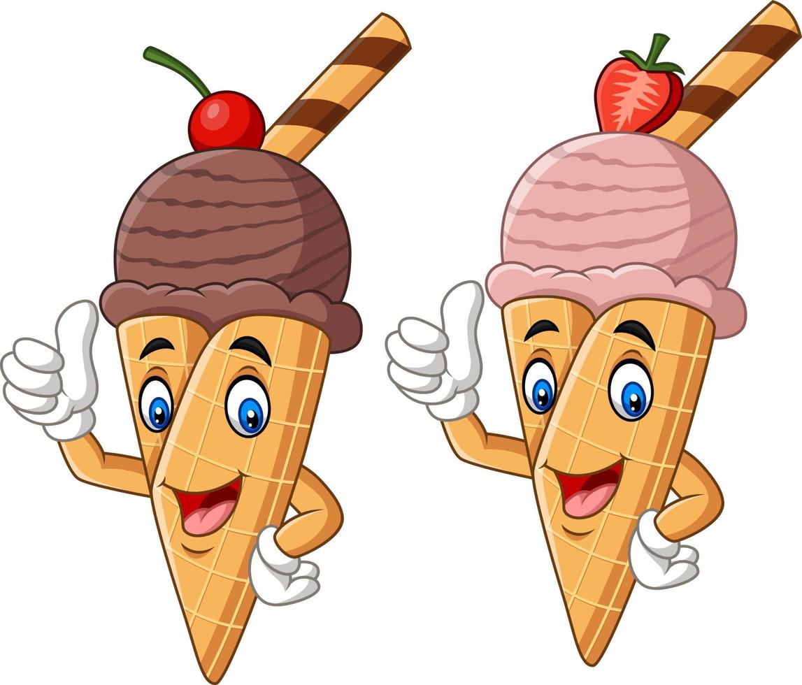 cones de sorvete dos desenhos animados dando polegares para cima vetor