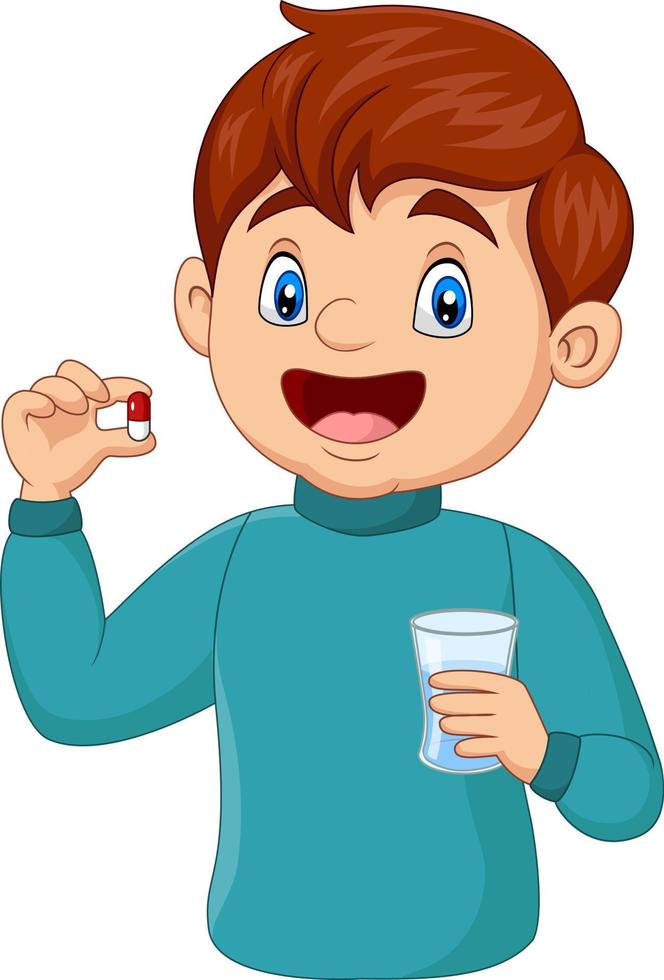 menino de desenho animado segurando uma pílula e um copo de água vetor