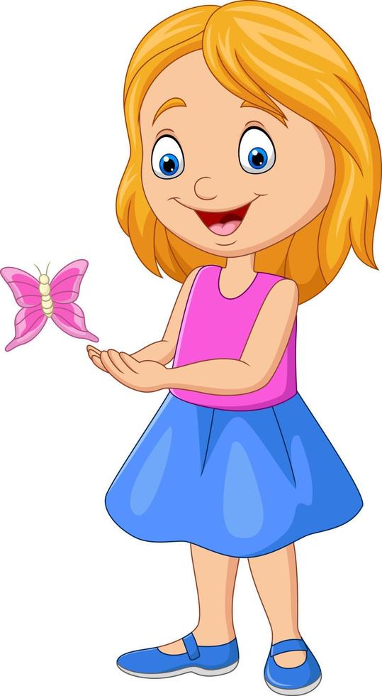 menina dos desenhos animados brincando com borboleta vetor