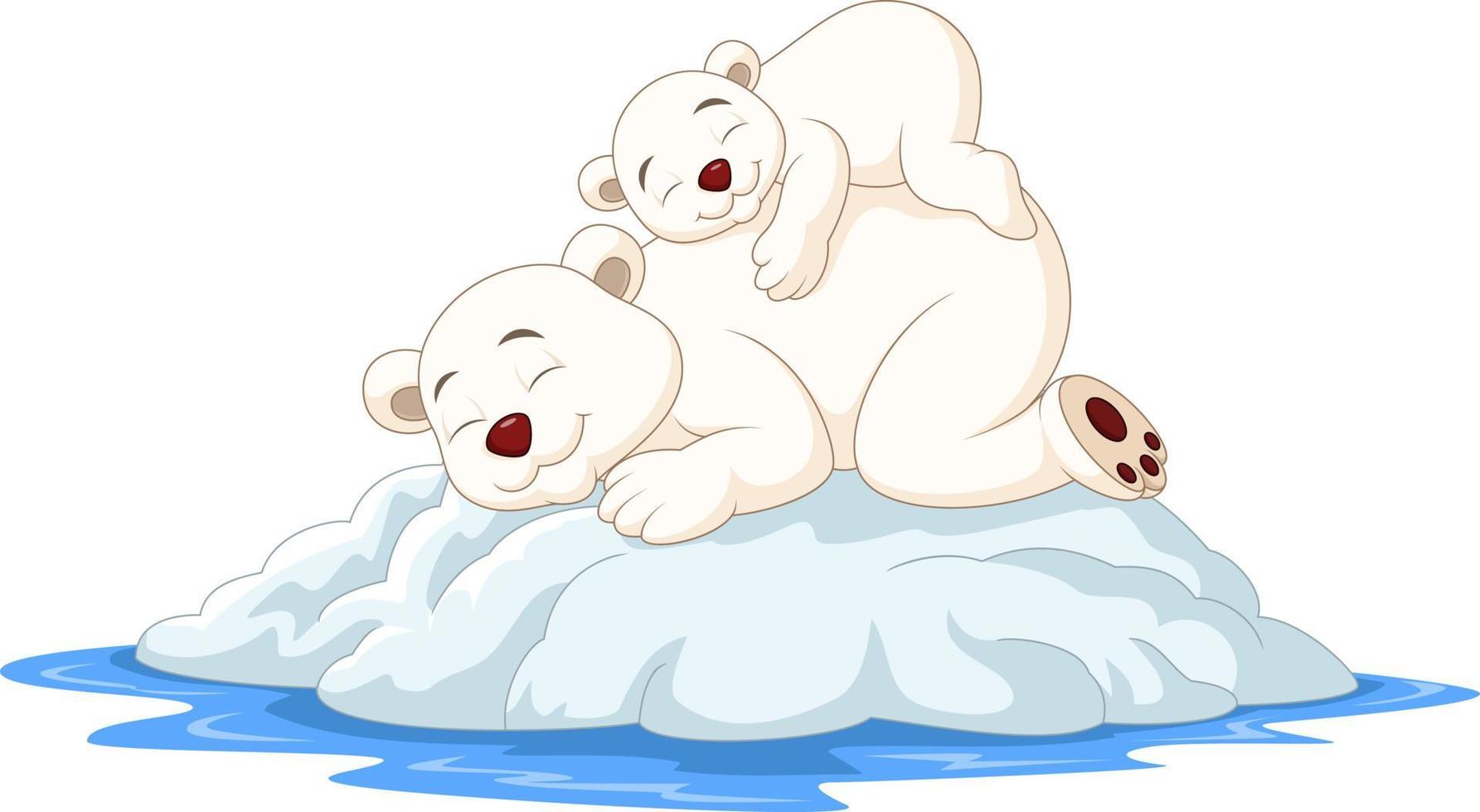 mãe dos desenhos animados e bebê urso polar dormindo no bloco de gelo vetor