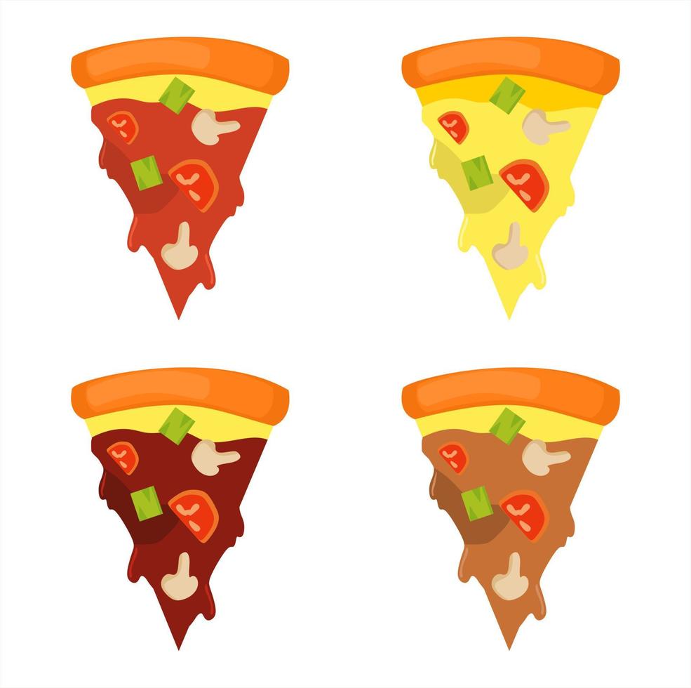 conjunto de ilustração vetorial de fatia de pizza com molho de tomate e cobertura de queijo. temas de restaurante e comida, adequados para publicidade de produtos alimentícios vetor